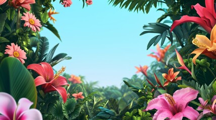 Tropical Paradise Panorama with Vibrant Flora. Expansive view of a lush tropical landscape surrounded by vivid flowers.