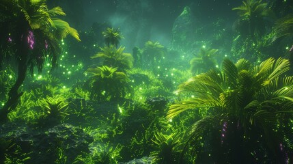 Enchanted Nighttime Jungle with Glowing Foliage. Mystical jungle at night, illuminated by bioluminescent plants under a starry sky.