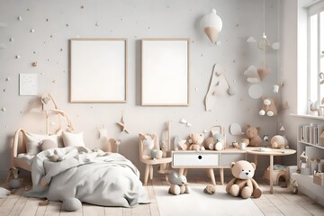 Fototapeta na wymiar Mockup frame in minimal unisex child bedroom with natural wooden furniture with kids toys