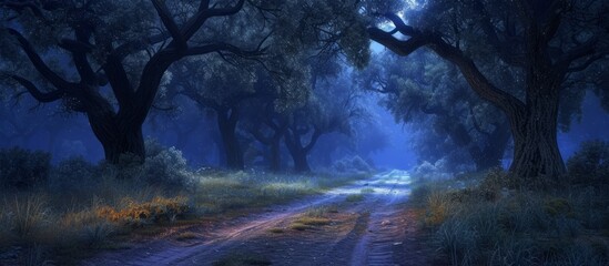 Fototapeta na wymiar Enchanting Night Landscape: A Breathtaking Blend of Dirt Road and Majestic Trees Illuminated by the Mystical Night
