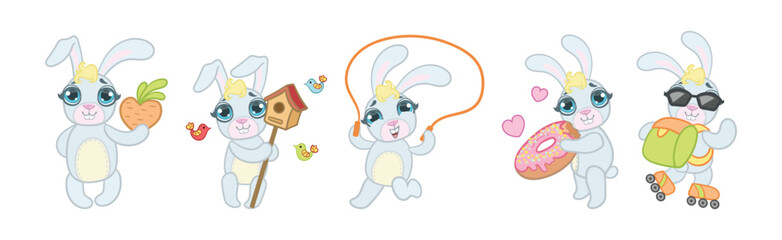 Funny Hare Character with Cute Snout Engaged in Different Activity Vector Set