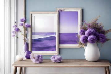 Mockup poster frame close up in coastal style interior with purple flower vase, 3d render