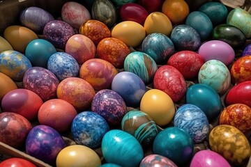 Happy Easter background, Easter eggs scene, Easter bunny ears with easter eggs, Easter poster background template with Easter eggs in the nest, Easter party concept.