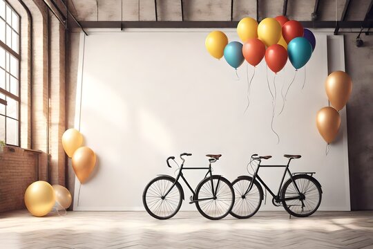 Mock up poster with bicycle and balloons in loft interior, template design, 3D render