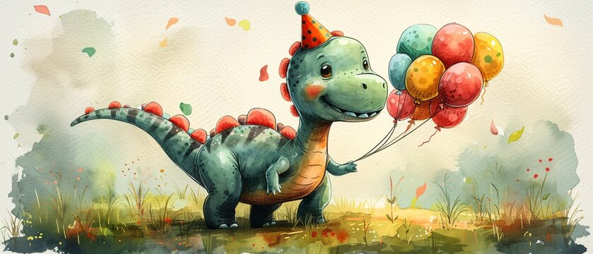 Raptor Revelry A Dinosaur's Birthday Bash with Balloons and a Party Hat Generative AI