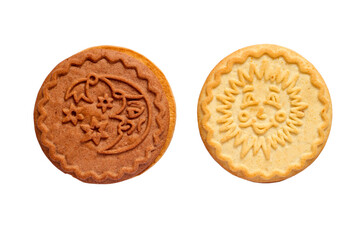 Cookies day and night on a white background. Two round biscuits isolated on white background.