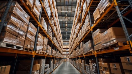 A detailed photo of a warehouse filled with neatly stacked pallets illustrating the improved inventory management and reduced transportation costs achieved through reshoring. - obrazy, fototapety, plakaty