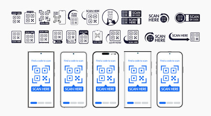 Different types of smartphones with QR code. Verification concept for online shopping, shopping special offer promotion and marketing via mobile. Smart phones scanning and showing QR code. Vector.