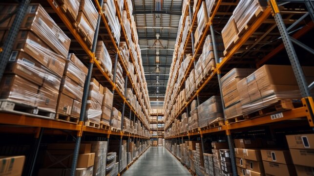 A detailed photo of a warehouse filled with neatly stacked pallets illustrating the improved inventory management and reduced transportation costs achieved through reshoring.