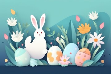 Obraz premium Happy Easter background, Easter eggs scene, Easter bunny ears with easter eggs, Easter poster background template with Easter eggs in the nest, Easter party concept.