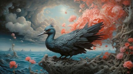 Obraz premium blackbird by the sea with flowers and cloudy clouds. AI Generated