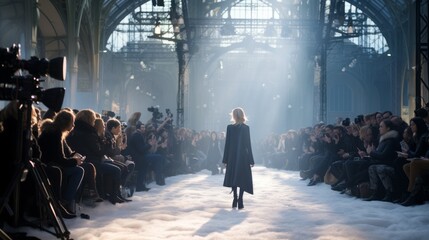 Photographers, videographers and paparazzi take pictures of the model on the catwalk. A fashion...