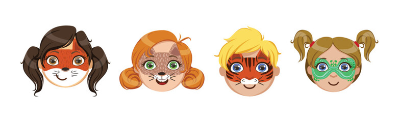 Fototapeta premium Kids With Painted Faces at Party or Festive Carnival Vector Set