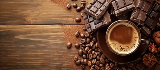 Delicious Coffee and Decadent Chocolate Indulgence on a Charming Wooden Background