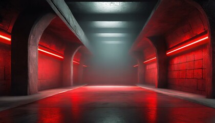 red tunnel in the dark, Empty underground background with red lighting with space for text or product, Ai Generate