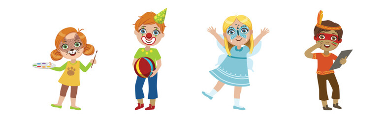 Kids With Painted Faces at Party or Festive Carnival Vector Set