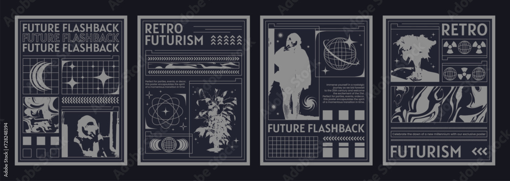 Poster poster design layout in cyberpunk y2k style with bitmap images and grid elements on black background