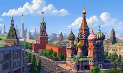 Obraz premium Cartoon Moscow city scene. Gameplay. Game design. A capital of Russia. Red Square. Animated Moscow, Russian capital. Kremlin. Cathedral. Temple. The Cathedral of Vasily the Blessed. Tower, red star