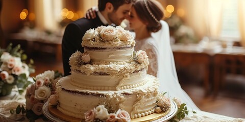 Winter Wedding Wonderland A Bride and Groom Share a Kiss in Front of a Stunning Cake Generative AI