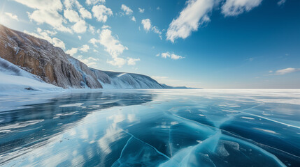 Landscape of a frozen lake in winter, ice