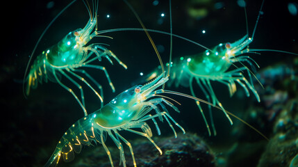 Glowing shrimp underwater
