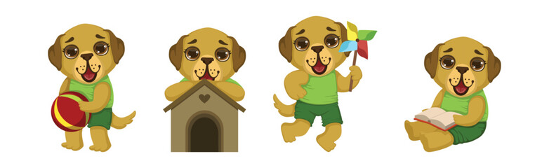Cute Puppy Dog Character Engaged in Different Activity Vector Set