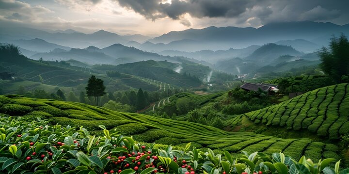 Misty mountain tops and lush tea plantation at dawn. serene landscape, perfect for wall art and calendars. nature's beauty captured. AI