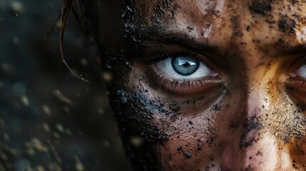 Closeup of a womans face covered in sweat and ash yet her eyes hold a fire and determination after surviving a volcanic eruption.