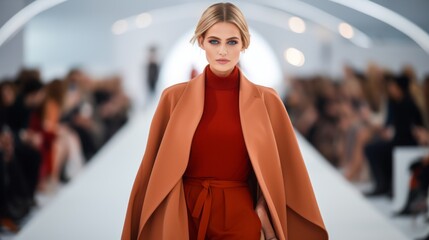 Fototapeta premium Fashion show. A beautiful attractive woman in a coat confidently walks along the catwalk, showing off the designer's new clothing collection for Fashion Week.