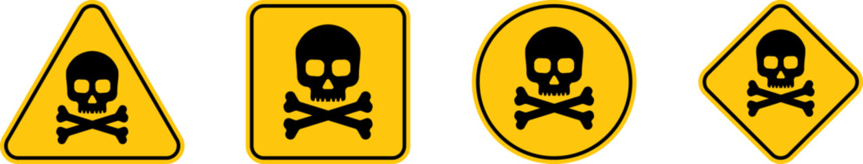Sign Poison. Danger sign with skull. Toxic, electricity or chemical Warning icon. Danger Yellow triangle sign with skull and crossbones icon. Symbol of death.