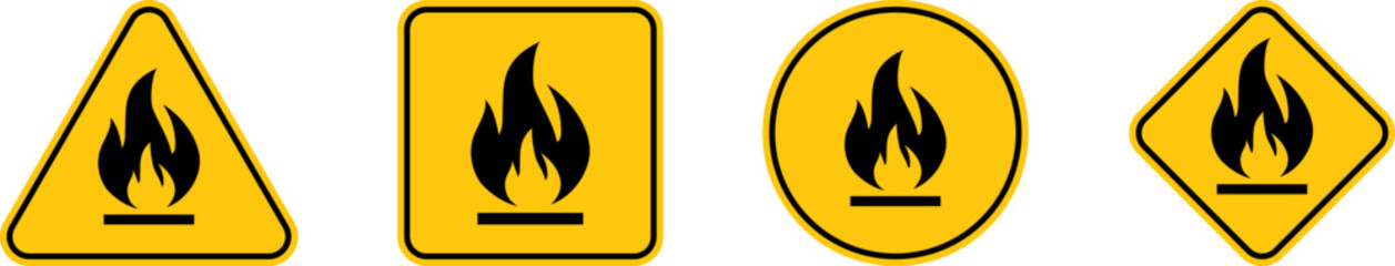 Fire warning sign in yellow triangle, isolated. Flammable, inflammable substances icon. Hazard icon. Vector