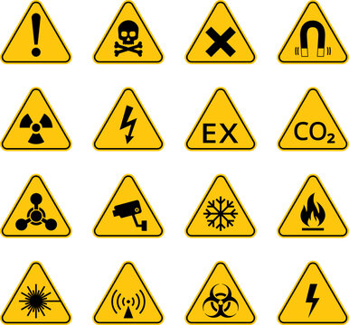Yellow Warning Dangerous sign set. Poison, toxic, biohazard caution sign. Skull, Flammable, electricity, chemical, danger yellow triangle symbol. Vector .