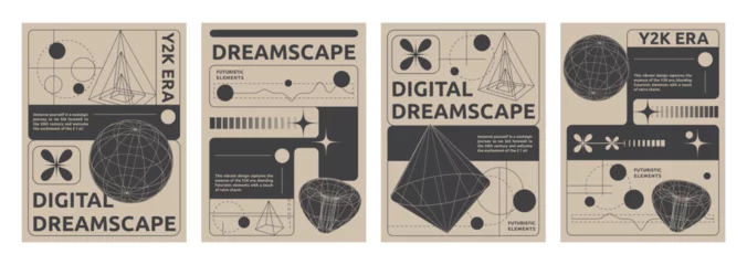 Fotobehang Set of y2k aesthetic techno banners. Vector illustration of retrowave style posters with black geometric wireframe shapes, globe, torus, lines on yellow background, retro futuristic vibe flyers © klyaksun