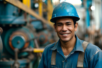 ヘルメットを被った工事現場の男性労働者の誇りある笑顔