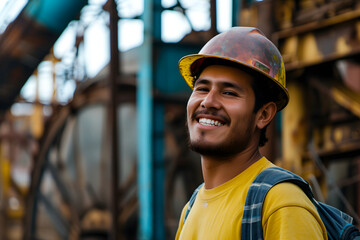 ヘルメットを被った工事現場の男性労働者の誇りある笑顔 - obrazy, fototapety, plakaty