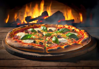 Foto op Plexiglas Wood fired pizza on a wooden pizza plate with wood oven background. © Cagkan