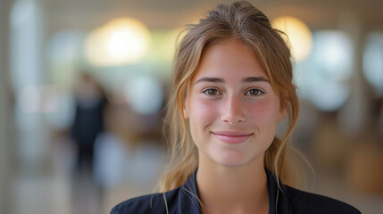 Cropped image of a smiling young businesswomen, with a blurred or bokeh background of modern office, AI generate. - obrazy, fototapety, plakaty
