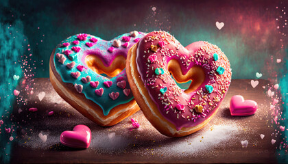 Delicious, colorful, heart shaped valentines day doughnuts or donuts. - obrazy, fototapety, plakaty