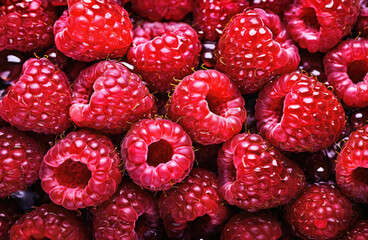 Pile of fresh red rapsberries. Top view.