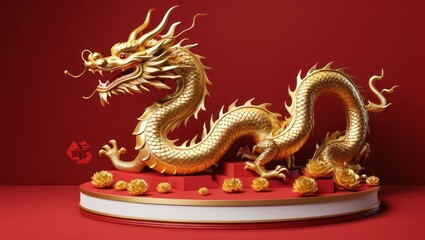 Fototapeta premium 3D Chinese dragon podium for Lunar New Year 2024 celebrations.