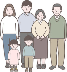 子供を持つ夫婦と年配夫婦の三世代全身イラスト