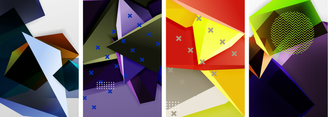 Trendy low poly 3d triangle shapes and other geometric elements background designs for wallpaper, business card, cover, poster, banner, brochure, header, website