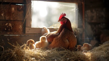 Serene barn scene with hen and chicks bathing in sunlight, country farm life captured in warm tones. AI