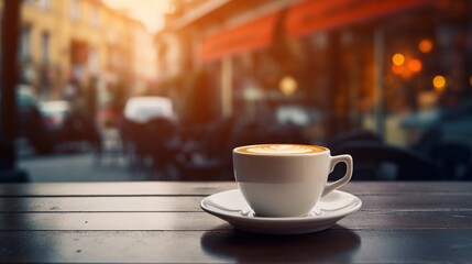 Hot fresh coffee on cafe table,blurred light background
