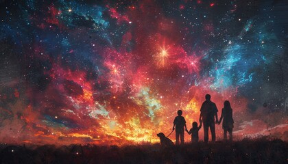 Fototapeta premium A Family Stroll in the Cosmic Night Sky Generative AI