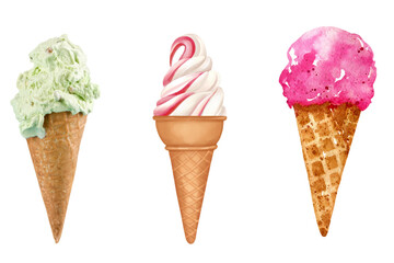 Three colorful ice cream cones diagonal isolated on white background