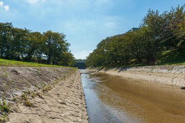 敷石で護岸された川の風景