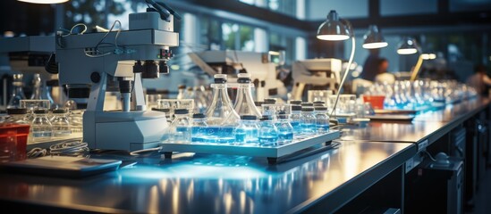 Modern Medical Research Laboratory, Microscope and Test Tubes on Table. High Tech Equipment, pharmacy display