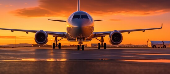 Airplane on the airfield with sunset background