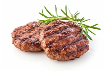 Grilled beef burger patties with rosemary on white background